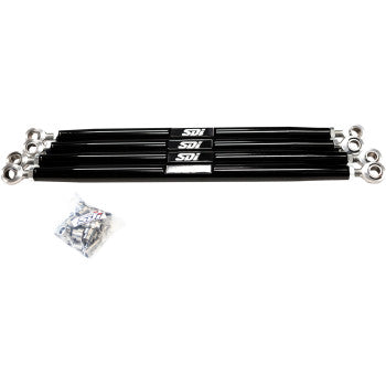 Set of four black metal Polaris RZR XP radius rods with polished spherical rod ends and included mounting hardware.