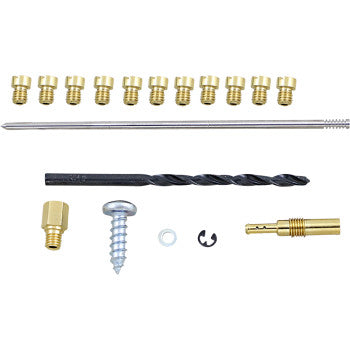 The Yamaha Jet Kit Stage 1/2 by Dynojet includes brass inserts, a metal rod, adjustable drill bit, fittings, screw, washer, clip, and tool—perfect for boosting stock or modified engine power. Shown arranged on a white background.
