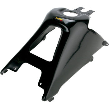 The Gas Tank Cover Black by Maier is made from high-density polyethylene, features bodywork-style cutouts, mounting points, and a small Maier logo near the top.