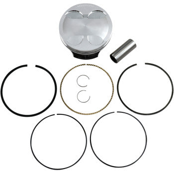 Polished silver round piston with dome top, five black piston rings, two small silver clips, gold-colored circlip, and a.