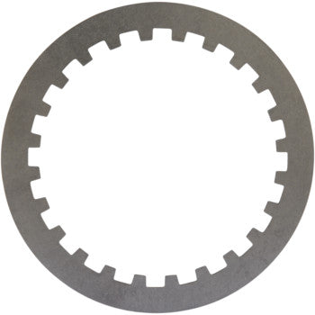 The Clutch Drive Plate by Barnett is a round metal disk made in the USA, featuring a smooth outer edge and evenly spaced rectangular notches along the inner edge, resembling a gear or clutch plate.