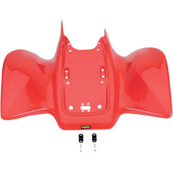 The Rear Fender Red by Maier is made from high-density polyethylene with an OEM color-matched finish, includes mounting holes and two black Maier bodywork brackets beneath it, and is displayed on a white background.