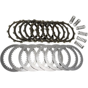 The Clutch Kit by Ebc includes heavy-duty components: multiple friction plates, steel plates, and clutch springs, all arranged in rows on a white background.