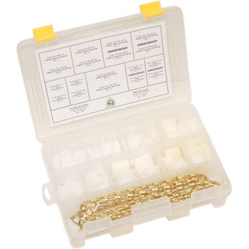 Clear plastic organizer box with yellow latches containing white nylon connectors and gold metal crimps for wiring.