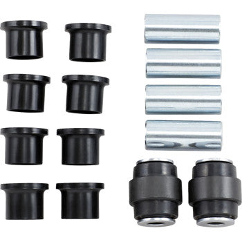 The Rear Independent Suspension Repair Kit by Epi features black cylindrical bushings and two metal sleeves arranged in rows on a white background, ideal for automotive suspension repairs.