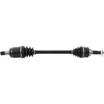 The Honda Big Red Axle Kit Complete 8 Ball Extreme Duty Rear Left by All Balls is a black metal automotive drive shaft with precision ball bearings and rubber boots at both ends, shown on a white background.
