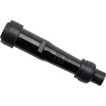A black cylindrical ceramic resistor with flared ends, marked “K35 10-2122 5 KΩ,” similar to those in the Moose Offroad Spark Plug Resistor Cover Straight Type, is shown isolated on a white background.