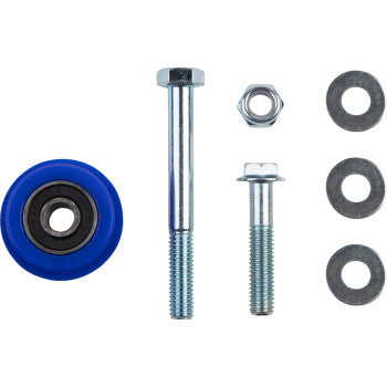 The Polaris-Honda-Yamaha Chain Roller Blue by T.M. Designworks, featuring low-friction sealed bearings, two metal bolts of varying lengths, a hex nut, and three round washers, is arranged on a white background.