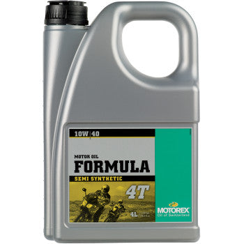 A gray plastic 4L container of Motorex Formula Synthetic Blend 4T Engine Oil 10W-40 features a motorcycle label with the Motorex logo, providing JASO MA-rated protection for 4-stroke engines.
