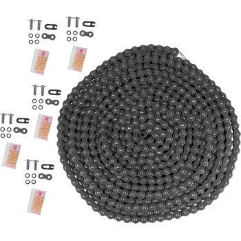 The Parts Unlimited 520 O-Ring Series Bulk Drive Chain (25 feet) is displayed coiled on a white background, alongside five sets of small hardware, including master links, O-rings, clips, and grease packets.