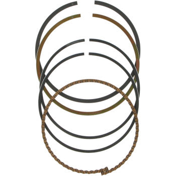 Set of six metal piston rings in varying thicknesses and textures, designed for precise fitment and engine compression.