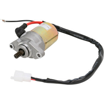 Compact metallic starter motor with silver aluminum housing, gold cylindrical body, black gear shaft, and attached wiring.