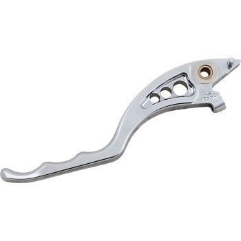 The Brake Lever - Chrome by Joker Machine features an ergonomic, curved billet aluminum design with three circular cutouts near the base, ideal for bicycles or motorcycles.