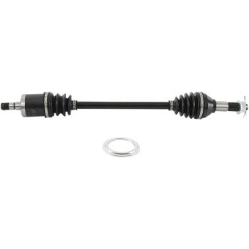The Can Am Maverick Axle Kit Complete 8 Ball Extreme Duty Front Left by All Balls is shown in black with rubber boots on both ends, featuring a reinforced axle and a separate circular metal washer below, all set against a white background.