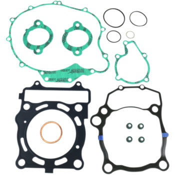 Complete gasket kit with green and black rubber gaskets, including round and irregular shapes, for engine sealing.