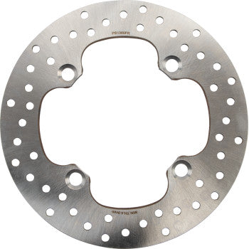 The Kawasaki Front & Rear Rotor by Moose Offroad is a round, silver high-carbon stainless steel brake disc with four large mounting holes and several smaller edge holes in a circular pattern. Its smooth, reflective surface ensures reliable performance.