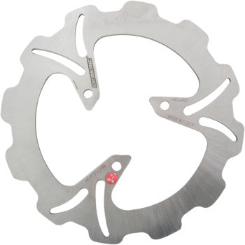 Silver metallic offroad brake rotor with a wavy edge and three bolt holes.