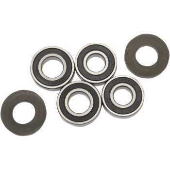 The Kawasaki Wheel Bearing Kit Front Bayou by Pivot Works includes five double-sealed wheel bearings with black inner rings and two solid dark washers, all arranged on a white background.