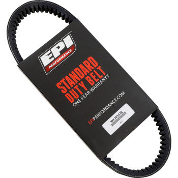 The black Drive Belt by Epi, made for 450cc ATVs, has toothed edges and an Aramid-reinforced cord. It comes in a sleeve marked STANDARD DUTY BELT ONE YEAR WARRANTY with the EPI Performance logo and website URL.