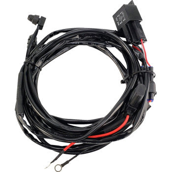 The Wire Harness Kit by Denali is a coiled black kit with connectors, relay, ring terminal, and red/black wires—perfect for automotive or electrical installs like DENALI 2.0 LED Light Pods or any setup needing a waterproof switch.