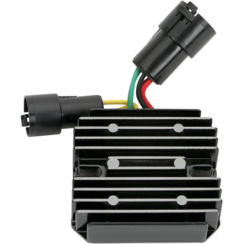 Black rectangular aluminum Kawasaki regulator rectifier with cooling fins and attached multi-wire connector plug.