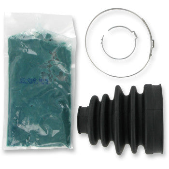 The Polaris Sportsman CV Boot Kit Rear Outboard by Epi includes a black polychloroprene CV boot, metal clamp, and clear plastic packet of molybdenum disulfide grease, all arranged on a white background.