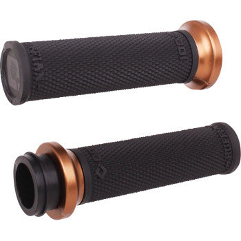 Pair of black, textured Indian Ruffian Lock-On Grips - TBW by Odi with bronze lock rings, displayed from multiple angles on a white background—perfect for those wanting durable, stylish motorcycle grips.