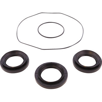 Three black circular rubber seals and two thin black O-rings of different sizes from the Yamaha Differential Seal Kit Rear by Moose Offroad are arranged on a white background, highlighting essential components for differential maintenance.
