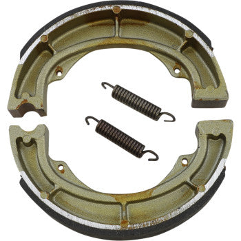 Pair of semi-circular metal brake shoes with friction lining and two coiled tension springs.