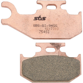 Copper-colored sintered brake pads with textured friction surface and SBS branding.