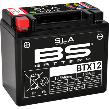 Compact black BS Battery BTX12 lead-acid battery with red terminal cover and clear white branding and specifications label.
