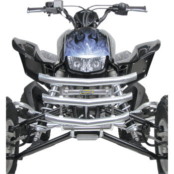 Front view of the EZ Fit Bumper Sport Silver by Motorsport Products in black and silver, featuring a flame hood design, large headlights, and durable protective bumpers—compatible with various ATV models.