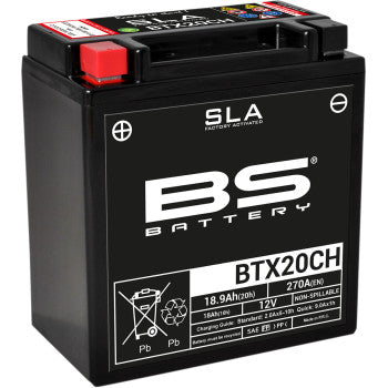 Black rectangular sealed lead-acid battery with white BS Battery logo and model BTX20CH label.