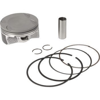 The Polaris Piston Kit 92.95 mm by Prox includes a CNC machined piston, wrist pin, two circlips, and four piston rings, all displayed on a white background.
