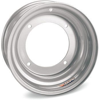 Ams Steel Wheel Rear Chrome 10x8 4/4 3+5: durable, shiny chrome finish with five bolt holes and AWC logo sticker on the lower edge.