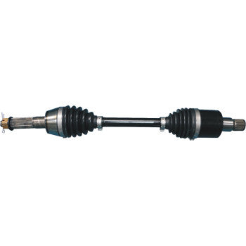 The Polaris RZR CV Axle Kit Complete Rear Left & Right Heavy Duty by Moose Offroad features black metallic shafts with rubber boots and a chromoly steel center, designed for power transfer from transmission to wheels in vehicles.