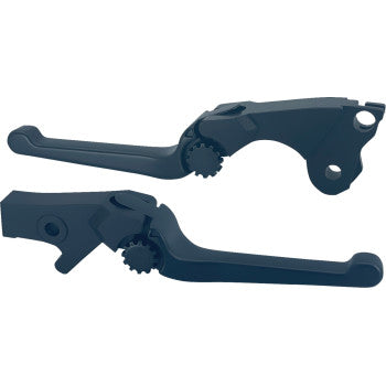 The Anthem Adjustable Lever Set - Black by PSR features two CNC-machined aluminum levers with visible gear mechanisms for precise adjustment, shown side by side on a white background.