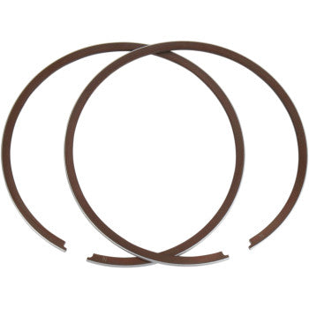 Two thin, brown, circular rings from the Ring Set by Wiseco overlap on a white background, showing small gaps at their ends.