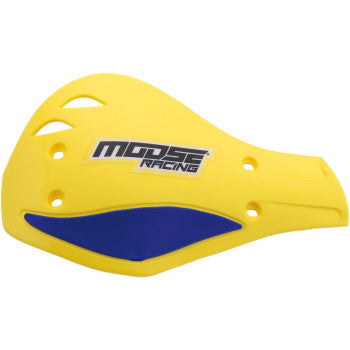 Contour Deflector Hand Guards Yellow/Blue by Moose Offroad feature vent holes, mounting points, easy no-drill installation, and showcase the Moose Racing logo for motorcycle or dirt bike handlebars.