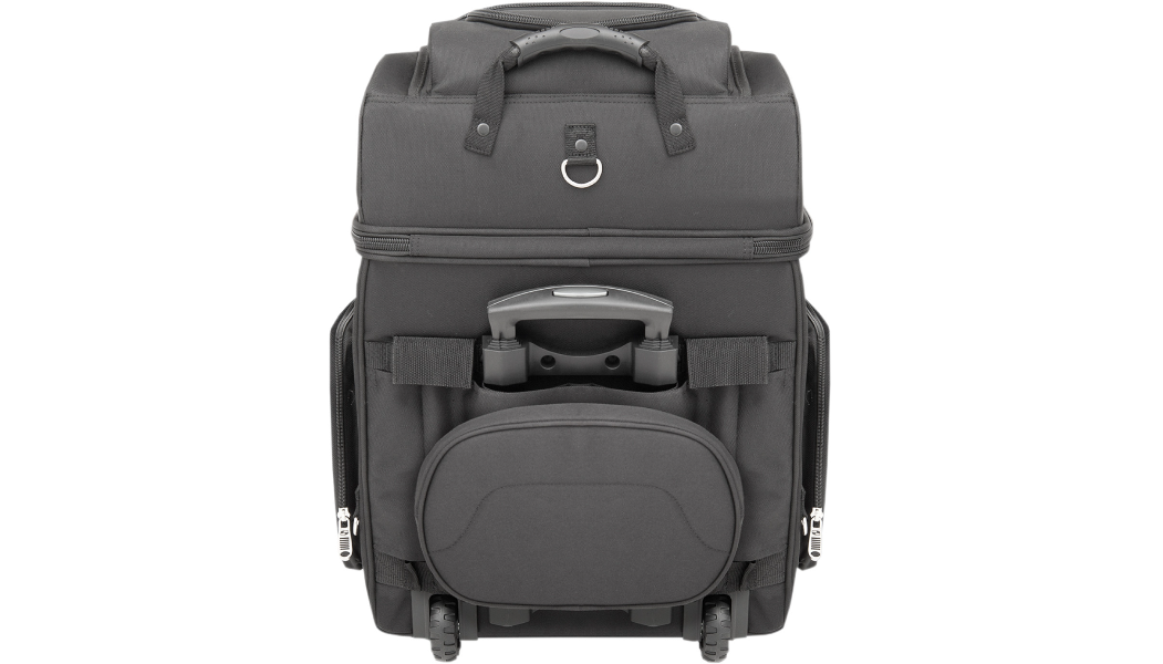 Black nylon Saddlemen BR4200 Sissy Bar Bag with multiple zippered compartments and carrying handle.