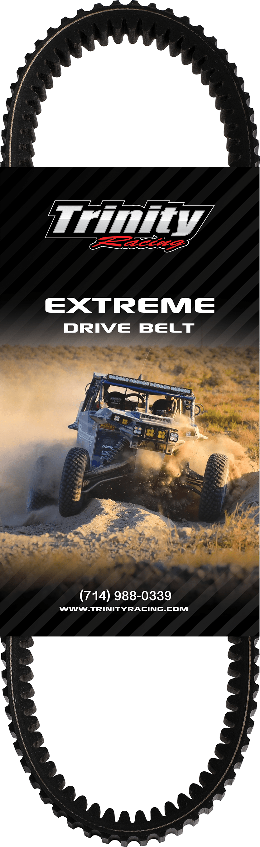 A rugged off-road vehicle kicks up dust on desert terrain, featured on Trinity Racing’s Kawasaki Krx1000 Extreme UTV/ATV Drive Belt packaging with Aramid fiber cord. The company logo and contact info are above and below the image.