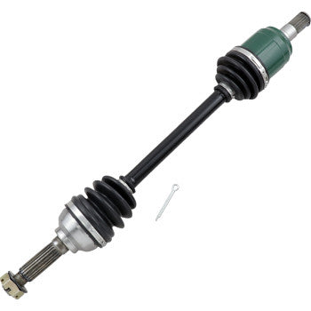 Complete black metal CV axle shaft with rubber boots and silver and green metal joint ends, including a small metal pin.