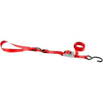 The Tie-Down Over Center Buckle Strap 1 x 6 Red by Erickson is made of durable polyester webbing with black steel S hooks on each end, an over center buckle for secure fastening, and features a looped handle for tightening.