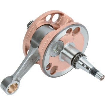 A close-up of the Honda Crankshaft Assembly Stroker by Hot Rods, featuring a metal crankshaft with a bronze connecting rod, circular counterweights, and machined details for increased stroke.