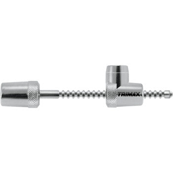 A shiny metal Universal Coupler Lock by Trimax with a knurled grip, adjustable locking pin, and threaded shaft, displayed horizontally on a white background. The chrome finish adds to its professional appearance.