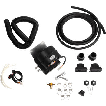 The Polaris UTV Cab Heater by Moose Offroad includes hoses, clamps, wiring, mounting hardware, connectors, and a black 12V heater unit—everything arranged neatly on a white background.