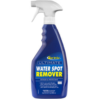 Blue spray bottle of Star Brite Ultimate Water Spot Remover with white trigger nozzle and yellow and white text labels.