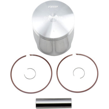 The Yamaha Piston Kit 66.50 mm by Wiseco is shown on a white background, featuring the piston, two piston rings, two circlips, and a cylindrical wrist pin for enhanced horsepower.