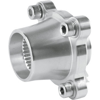 The Yamaha Banshee Hub Assembly by Lone Star Racing is a machined metal part featuring a flared cylindrical opening, gear-like inner grooves, and three bolts on its flanged edge, resembling billet aluminum brake hubs.