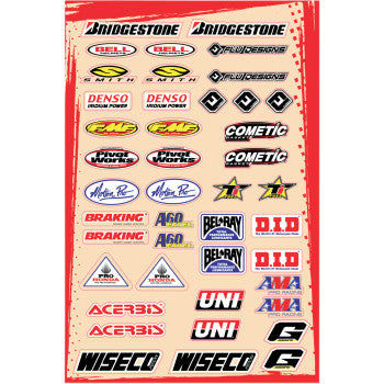 The Decal Logo Kit C by Flu Designs Inc. features a beige and red sheet with industry sponsor logos like Bridgestone, Bell, and Smith in a grid—ideal die-cut vinyl stickers for motorsport fans and collectors.